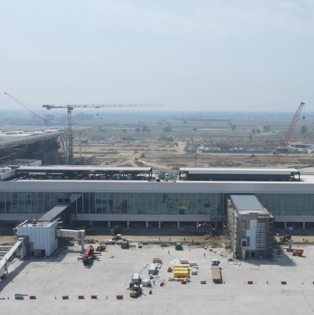 Aerial view of Noida Jewar Airport construction site in Greater Noida